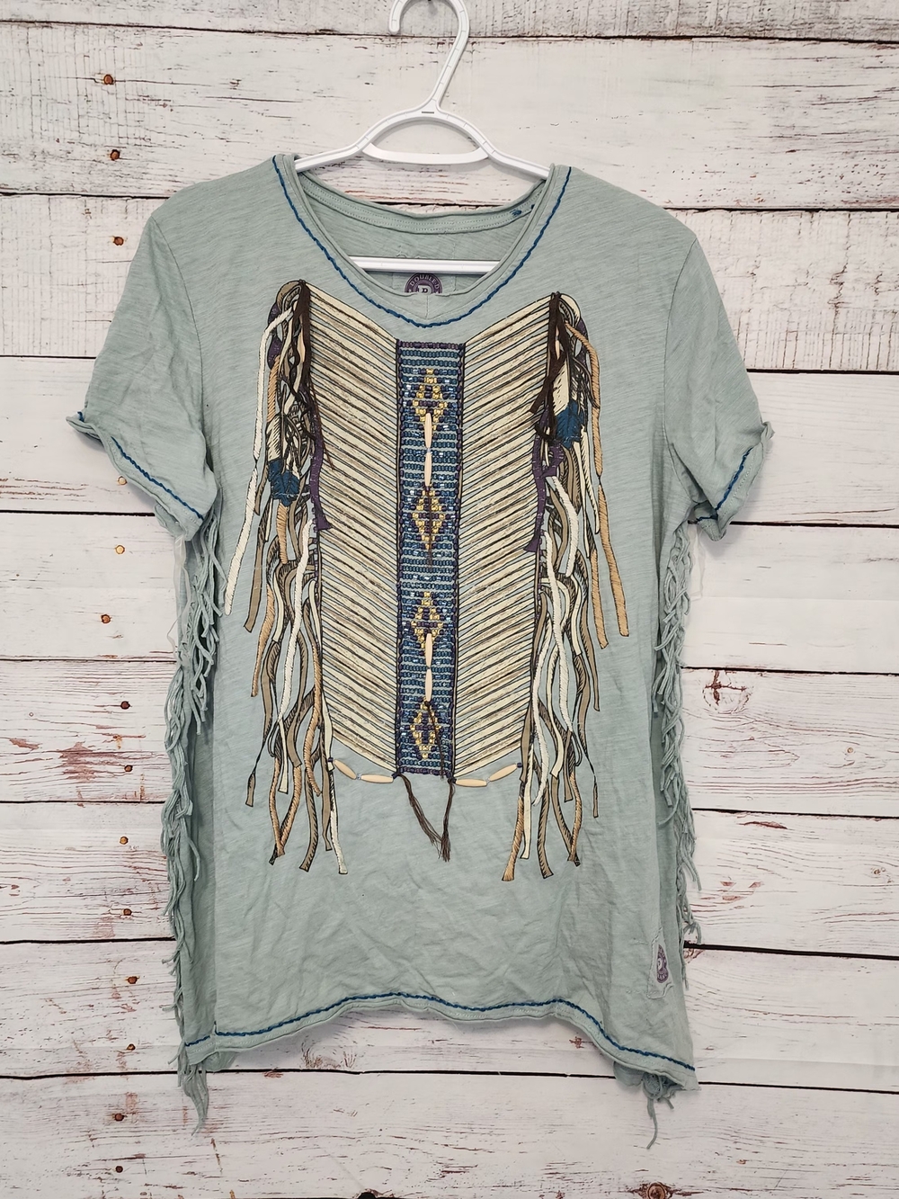 Double D Ranch Light Sage Green Embroidered Fringe Tee